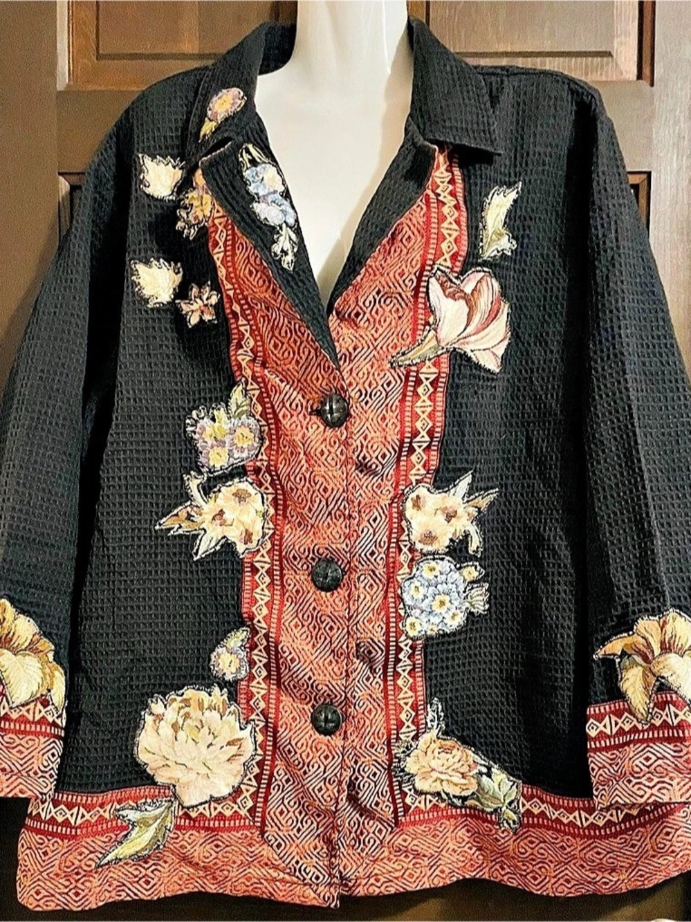 Vintage Florissant Embroidered Cotton Jacket in Black & Red Size 3X